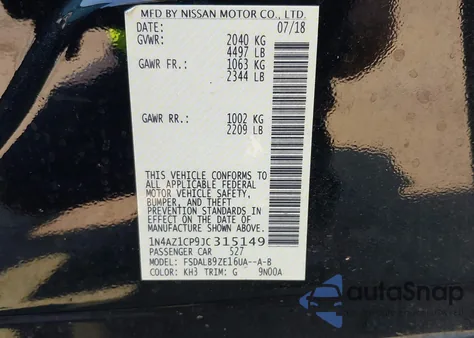2018 Nissan Leaf S z USA, uszkodzony, nr VIN 1N4AZ1CP9JC315149